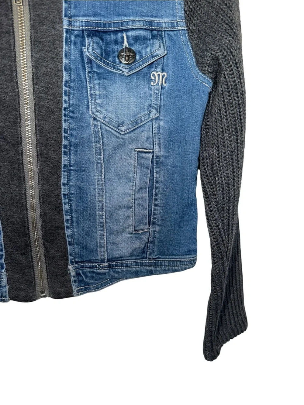 Miss Me Blue Denim Jacket with Charcoal Knit Sleeves